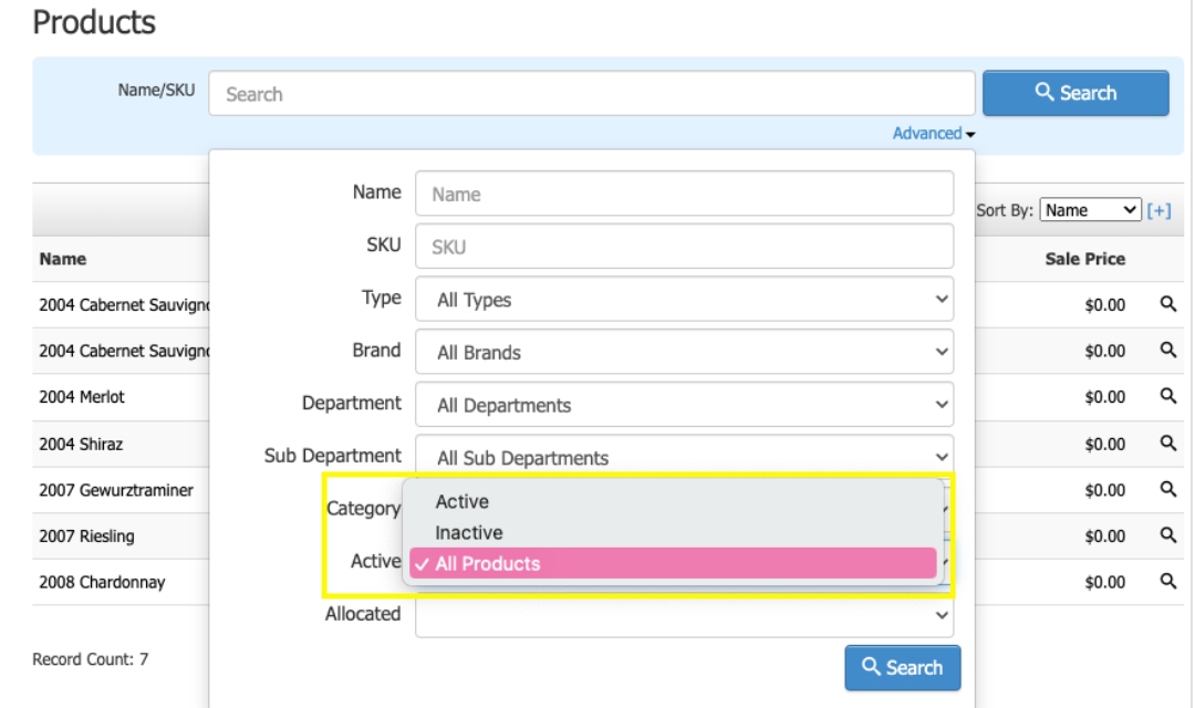 Products screenshot for data checklist